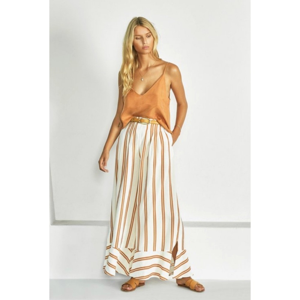 Sancia Emele Pant Maryel Stripe‎ Ochre White Linen Ruffle Wide Leg Women M NWT